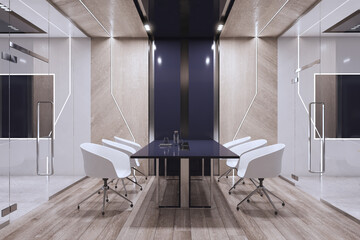 Contemporary meeting room interior with furniture. Wooden and concrete walls and floor. 3D Rendering.