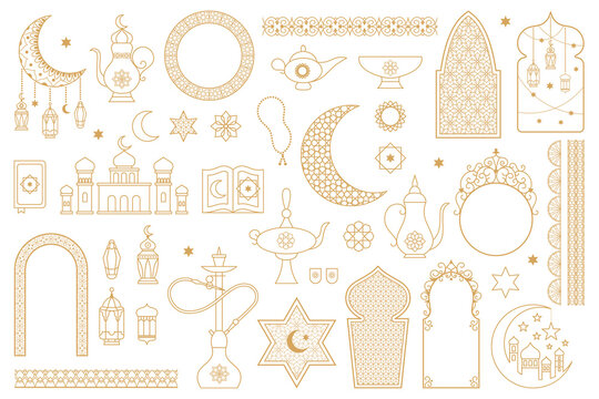 Arabic oriental muslim golden floral outline symbols. Lanterns, moon, hookah, mosque, arabic decorative frames vector illustration set. Islamic abstract elements
