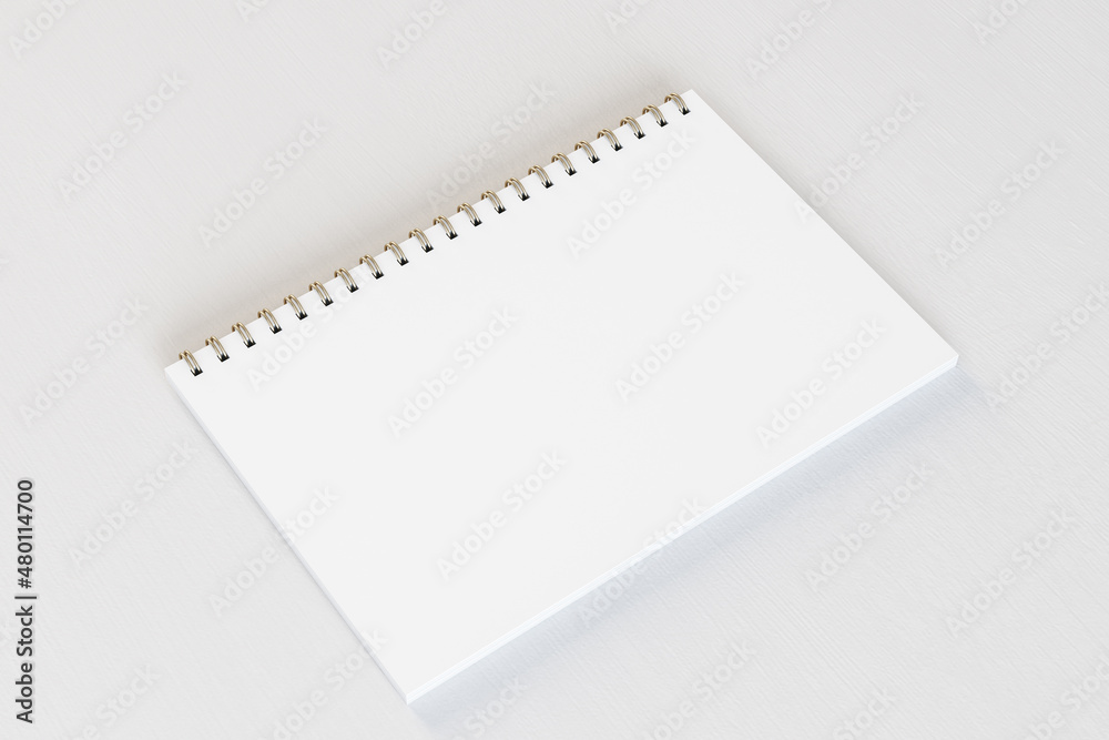 Aufkleber Close up of empty white spiral notepad on light desktop background. Mock up, 3D Rendering.