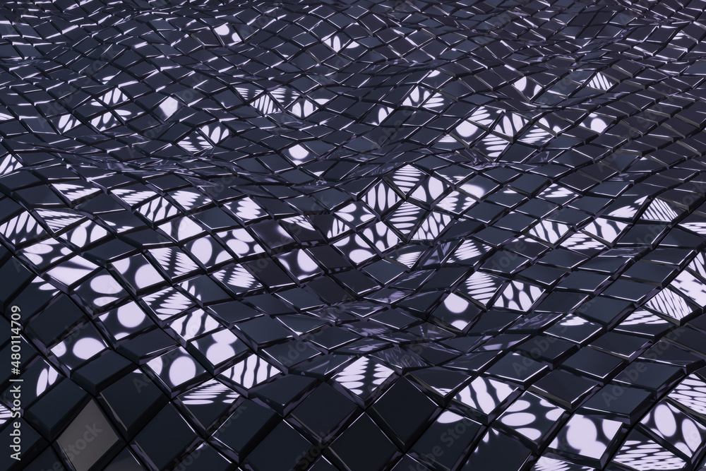 Poster Creative black tile wave backdrop. Style, design and texture concept. 3D Rendering.