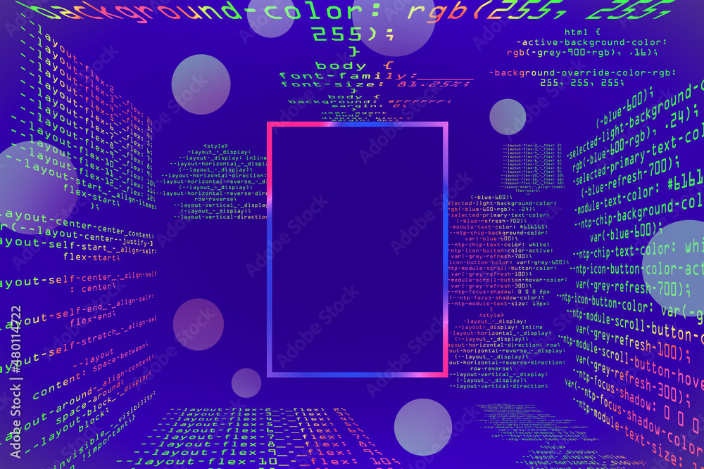 Fototapete Creative glowing purple coding programming background with square mock up frame. Big data and code concept. 3D Rendering.