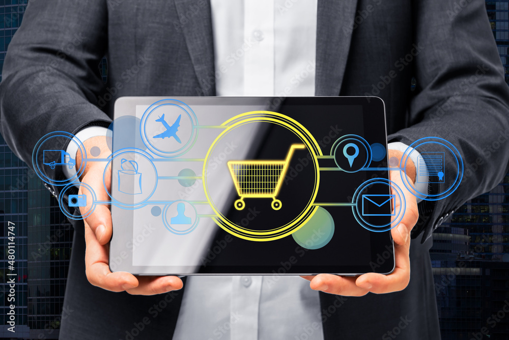 Poster close up of businessman hands holding digital pad with abstract glowing cart interface on city backg