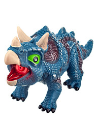 Close up toy dinosaur of bluish color with green eyes, an open mouth and horns on its head, isolated on a white background.