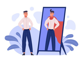 Man see super hero reflection in mirror, ambition and self confident concept. Dreamy person, self motivation, self esteem human vector illustration. Ambitious male character