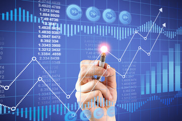 Close up of male hand pointing at abstract glowing business chart hologram. Finance, trade and technology concept. Double exposure.