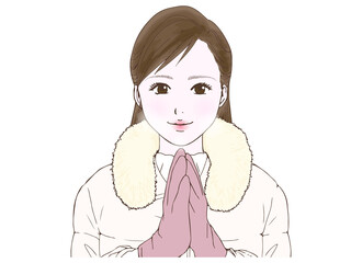 セミロングの女性_ダウンコート_手袋