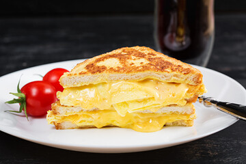 Tasty breakfast. Egg and cheese toast. French cuisine. Morning food.