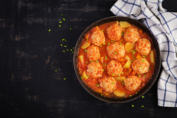 Meatballs with pumpkin and potato slices in tomato sauce. Diet food. Healthy food. Top view, above