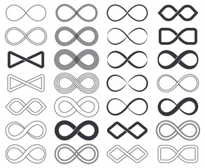 Infinity eternity unlimited symbols, limitless cyclical emblems. Outline infinity signs, unlimited eternity loop vector symbols set. Endless infinite icons - obrazy, fototapety, plakaty