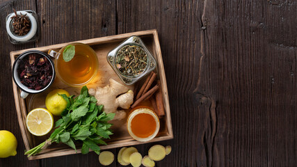 Various ingredients for making tea for colds and for the prevention of disease, Alternative medicine, home pharmacy