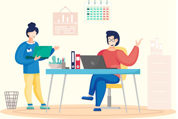 People work in company office. Man sitting and typing on laptop. Female boss standing near employee and controlling process. Director controls work of subordinate. Business team working with computer