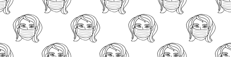Vector seamless pattern with outline of people wearing medical protective mask. Virus prevention measures. Coronavirus pandemic, epidemic disease. Hand drawn texture in cartoon style doodle