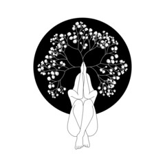 Meditation woman silhouette with gypsophila flower pattern. Black and white illustration.