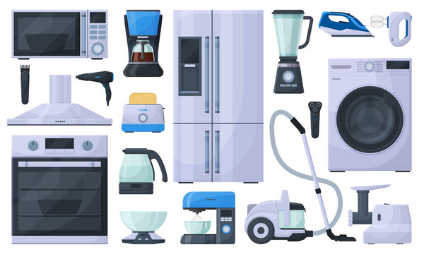 Household appliances, refrigerator, vacuum cleaner and microwave oven. Cooking and cleaning tools, washing machine, and blender vector illustration set