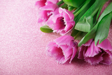 Women's Day. March 8. Curly beautiful tulips on a pink with glitter. Top view