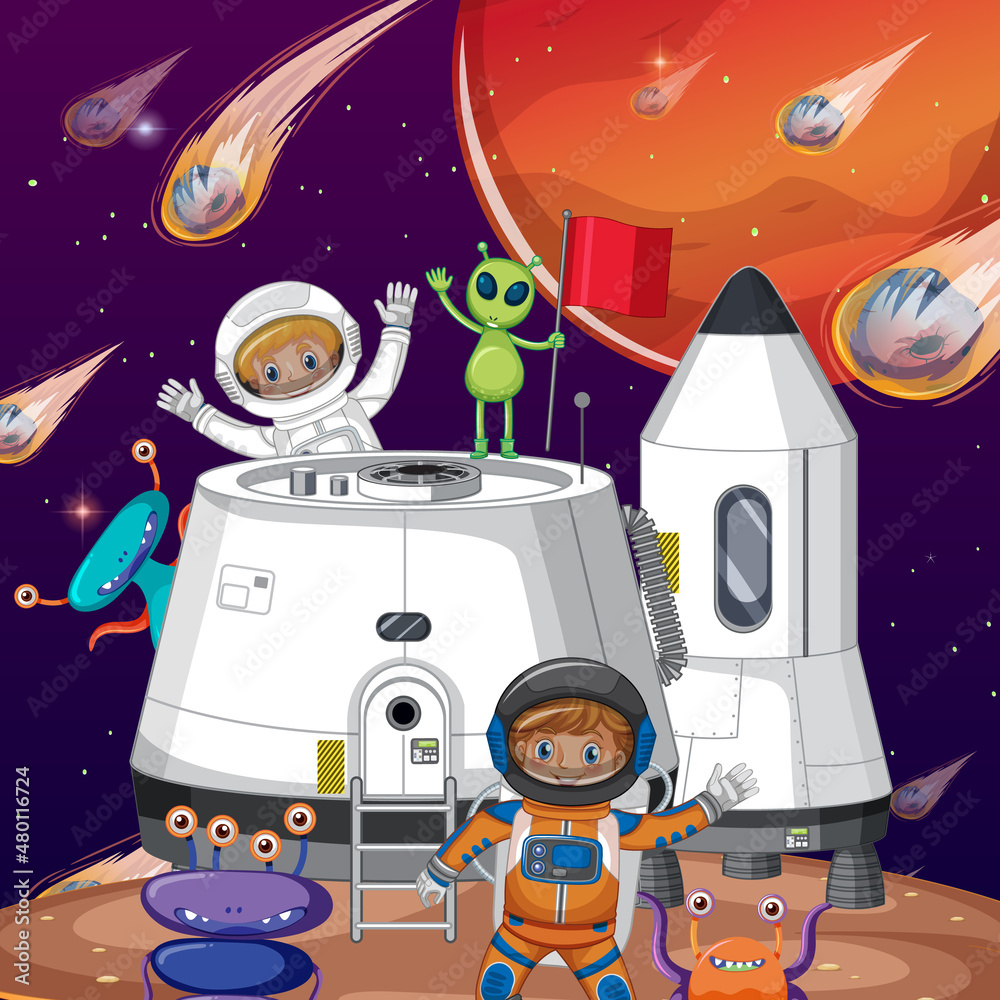 Wall mural outer space planet with astronauts and comets