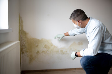 Man with mouth nose mask and blue shirt and gloves n front of white wall with mold - obrazy, fototapety, plakaty