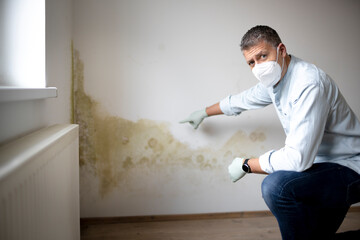Man with mouth nose mask and blue shirt and gloves n front of white wall with mold - obrazy, fototapety, plakaty