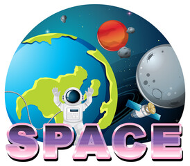 Space word logo design with astronaut and earth
