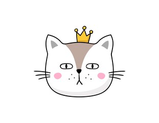 Hand-drawn cat with crown. Vector cartoon kitty head.