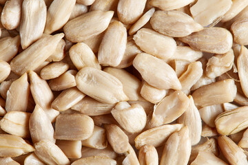 Close up background of ripe raw peeled sunflower seeds. Top view of peeled sunflower seeds.