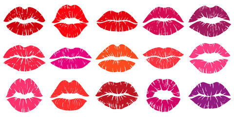 Woman lips red lipstick kiss prints, lip kisses elements. Female lips kiss imprints, woman red lipstick kiss shapes vector illustration set. Love kiss lip prints