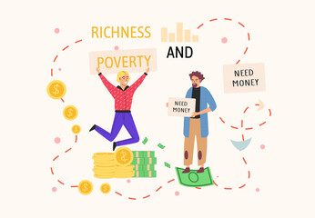 Richness and poverty concept. Happy jumping rich man rejoices in prosperity and sad poor unemployed guy need money. Economic and social condition of people. Financial superiority, wealth and poorness