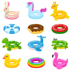 Cartoon swim rings, pool games rubber toys, colorful lifebuoys. Swimming circles, cute pool watermelon, donut and duck toys vector illustration set. Summer swimming lifebuoys