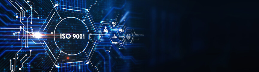 The concept of business, technology, the Internet and the network.  virtual screen of the future and sees the inscription: ISO 9001 3d illustration