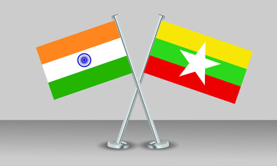 Crossed flags of Myanmar and India. Official colors. Correct proportion. Banner design