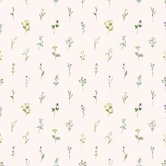 Fototapeta premium Wild flowers pattern. Seamless floral background with repeatable botanical print. Herbal blooms, plants, wildflowers backdrop design for wrapping and fabric. Colored flat vector illustration for decor