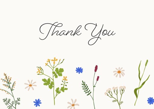 Thank You card design with blooming flowers. Floral background with gratitude text. Grateful postcard template with pretty delicate spring wildflowers border. Colored flat vector illustration