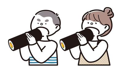 大きな口で恵方巻を食べるこども