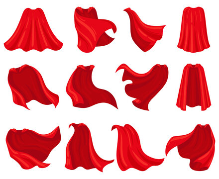 Cartoon superhero red cloaks, scarlet mantle capes. Silk superhero cloak costume, scarlet hero capes vector illustration set. Superhero red textile cloaks