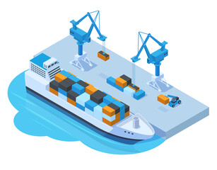 Isometric seaport cargo service, cargo ship barge, container and crane. Marine water transportation seaport concept vector illustration. Boat cargo logistic and shipping - obrazy, fototapety, plakaty