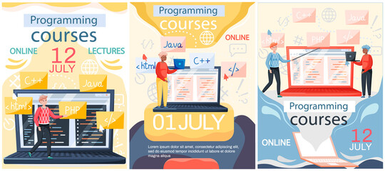 Programming courses online education, coding learning. Information technology teaching, IT lessons for students, computing and hi tech training banners set. Software development educational platform