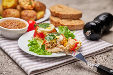 Portion of delicious chicken aspic on a plate isolated on concrete table