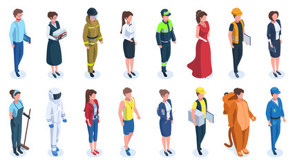 Fototapeta na wymiar Isometric professions, professional electrician, cleaner, teacher and courier. Male and female professionals vector illustration set. Business and service characters