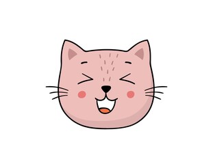 Hand-drawn cat laughs. Vector cartoon kitty head. Cute illustration.