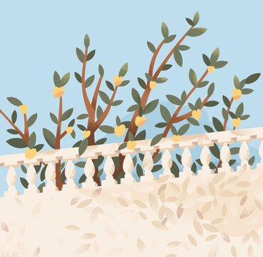 Fruit tree behind balustrade on sunny summer day with clear sky. City architecture and apple plant in good hot summertime weather. Calm beautiful scenery. Colored flat vector illustration
