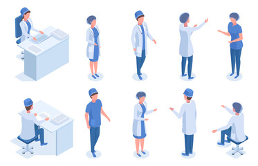 Fototapeta na wymiar Isometric medical workers, doctor, nurse, dentist and anaesthesiologist. Hospital medical staff, medic characters vector illustration set. Healthcare employees