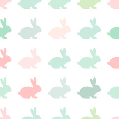 Seamless abstract pattern with Easter rabbits of different pastel colors. White background. Decorative holiday wallpaper, good for printing.