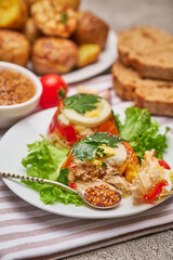 Portion of delicious chicken aspic on a plate isolated on concrete table