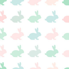 Seamless abstract pattern with Easter rabbits of different pastel colors. White background. Decorative holiday wallpaper, good for printing.