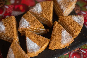 Sugar dessert, cake, pie on plate. Breakfast coffee time 