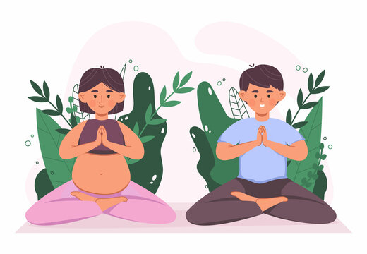 Pregnant Woman With Husband Practicing Yoga, Lotus Pose Meditation. Couple Sitting In Lotus Pose, Parenting Class Yoga Meditate Vector Illustration. Healthy Pregnancy Concept