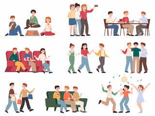 Friends gathering together, young friends chatting, shopping, dancing. Young friends have fun and spend time together vector illustration set. Friendship scenes