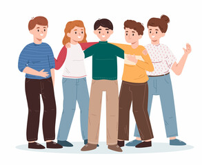 Obraz premium Happy friends group gathering, holding hands and hugging together. Young friends diverse group standing together vector illustration. Friendship and communication concept