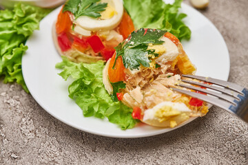 Portion of delicious chicken aspic on a plate isolated on concrete table