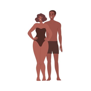 African-American couple in swimwear portrait. Happy young black man and woman standing and posing in swimsuits. Male and female in bathing suits. Flat vector illustration isolated on white background